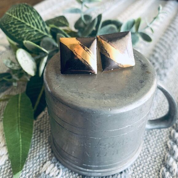 Vintage brown and gold statement Art Deco square boho studded earrings - Picture 1 of 3